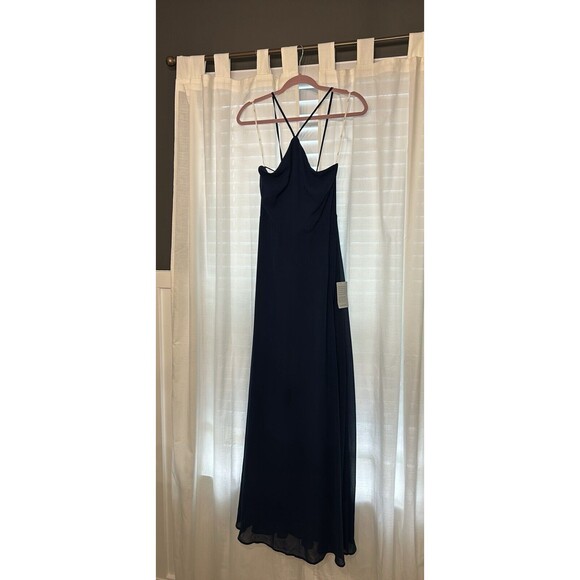 Long Formal Dress Prom Sz M lulus Navy Blue Lace up Maxi Slit Chiffon Halter - Picture 1 of 6